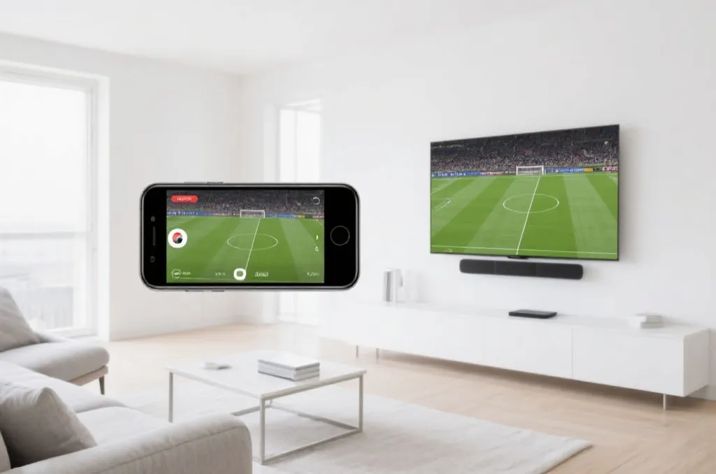 A minimalist modern living room where a smartphone screen displaying a football match is seamlessly cast to a large wall-mounted smart TV, clean and bright atmosphere