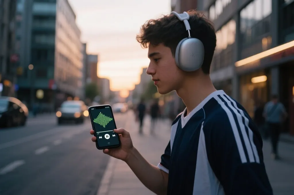 A young sports fan walking on a city street at dusk, wearing wireless over-ear headphones, holding a smartphone that shows a sports audio player interface with sound waves