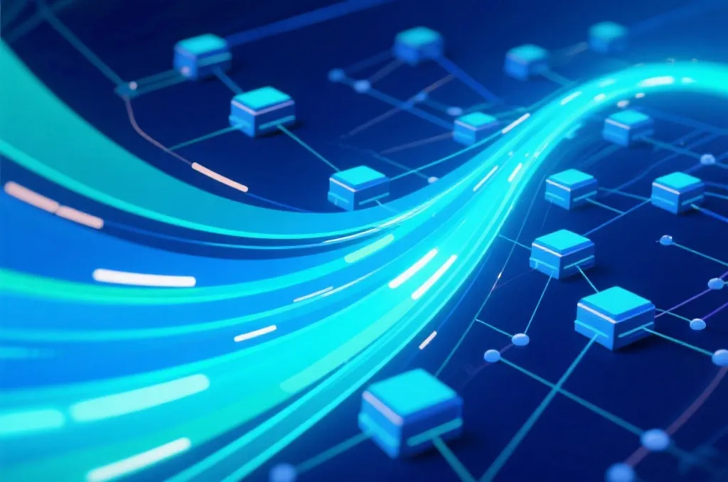 An abstract editorial illustration of fast digital data streams flowing smoothly through network nodes, representing high-speed and stable video delivery
