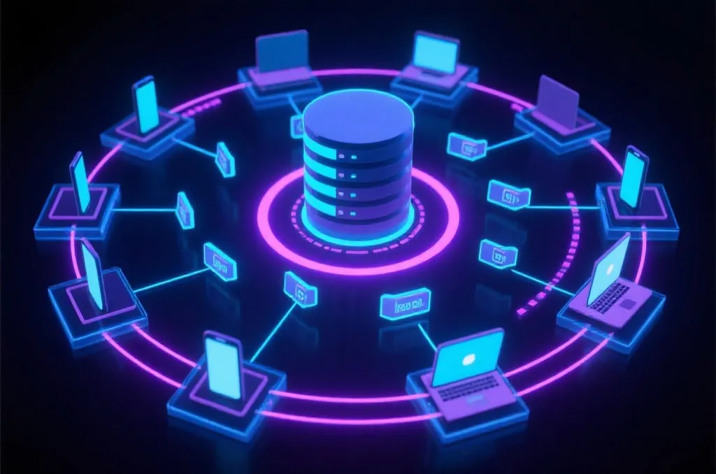 An abstract digital network diagram showing data packets flowing from a central server to multiple devices like phones and laptops, representing low latency streaming technology, blue and purple glowing lines