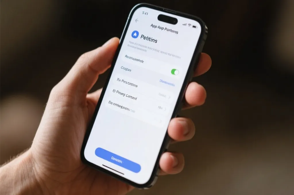 Close up of a hand holding a smartphone showing the app permissions settings page on screen, emphasizing privacy control, soft natural lighting, realistic style