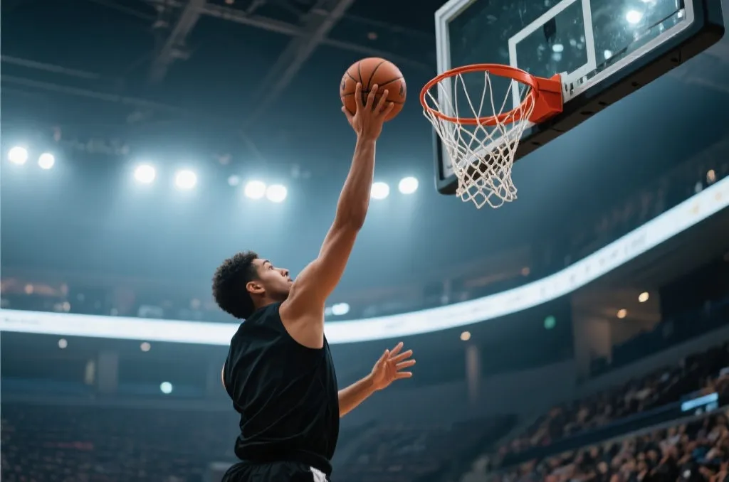 Action shot of a basketball player releasing a shot towards the hoop in a modern indoor arena